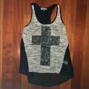 Silver studded cross black, gray, sheer back tank